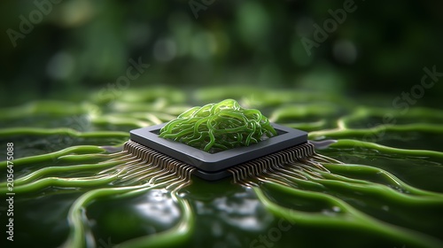Eco Friendly Microchip Covered With Fresh Moss on Forest Floor Symbolizing Sustainable Technology