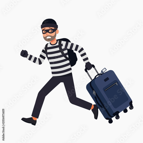 Running Thief with Suitcase: A cartoon illustration depicts a thief in classic burglar attire, complete with a striped shirt, mask, and beanie, making a hasty escape while pulling a wheeled suitcase.