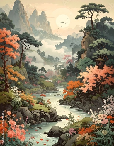 A serene landscape with a river, mountains, and vibrant flowers