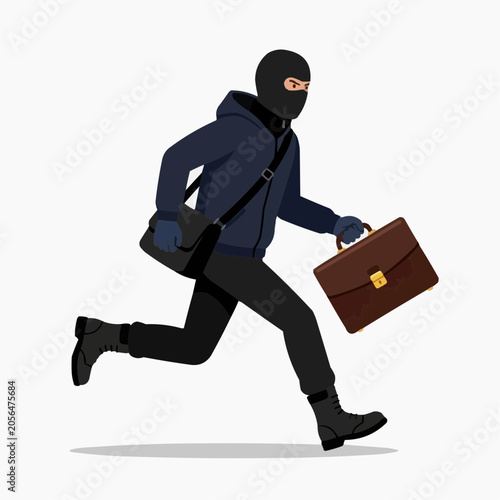 Burglar on the Run: A masked burglar in dark clothing is depicted in motion, clutching a briefcase and a messenger bag, suggesting a hasty escape after a crime.