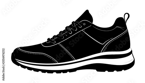 A black athletic shoe with white accents and laces on a white background