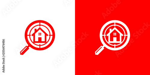 Schilderij op canvas Magnifying glass examines house icons on contrasting white and red backgrounds