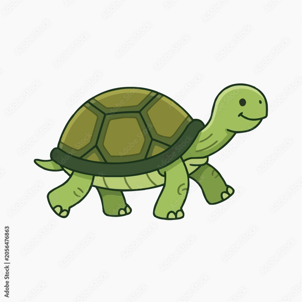 Obraz premium Cartoon Tortoise: A charming cartoon illustration of a green tortoise with a textured shell, captured in a simple, joyful gait.
