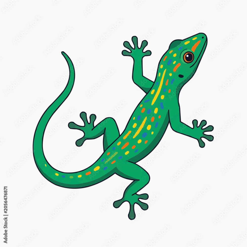Obraz premium Green Gecko Illustration: A vibrant green gecko with colorful spots and a long tail is depicted in a detailed illustration, showcasing its unique features.