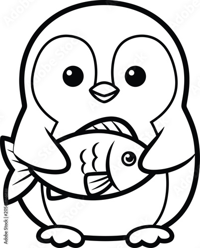 Cute cartoon penguin holding fish coloring page with coloring illustration children activity