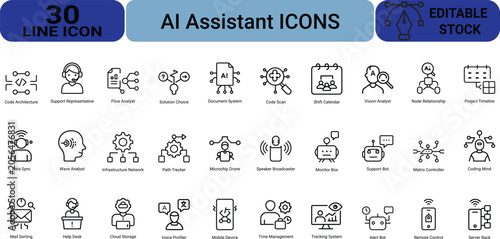 Quadro su tela Collection of ai assistant line icons featuring code architecture support representative flow analyst solution choice document system and code scan