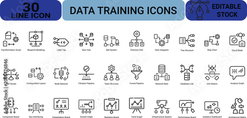 Data training line icons set containing transformation script blueprint modeling label tag sync hub bell system directory grid and gear integrator.