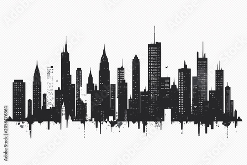 City Skyline Silhouette With Textured Base On Transparent Background