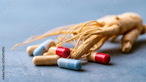 Side effects of ginseng. Ginseng root with capsules in red, blue, and beige colors on a textured surface.