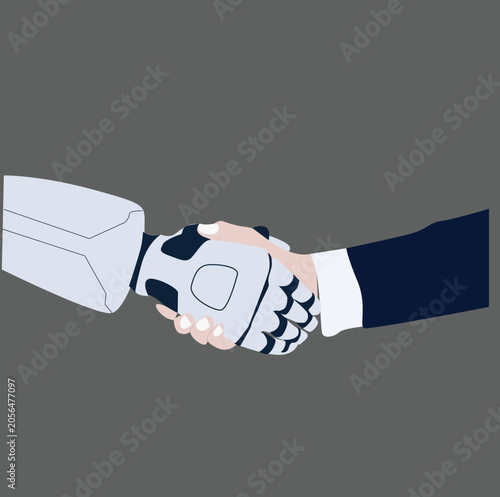 Robot and human hands shaking hands
