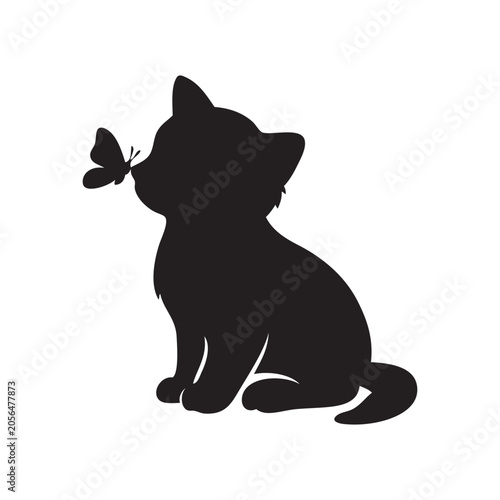 Kitten and butterfly. Black vector silhouette on a white background.
