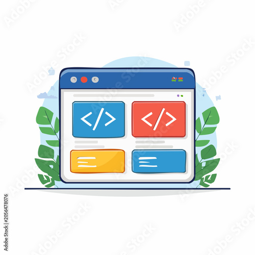 Web Development Interface with Code Symbols and UI Elements