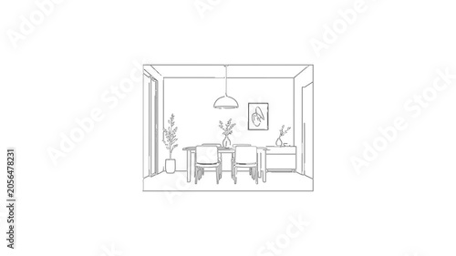 Minimalist dining room interior blueprint reveal animation