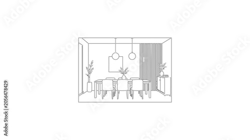 Modern dining room interior line drawing reveal animation