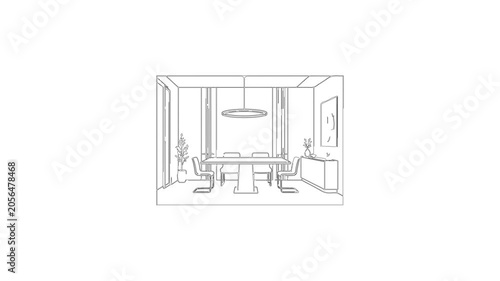 Modern dining room interior line drawing animation