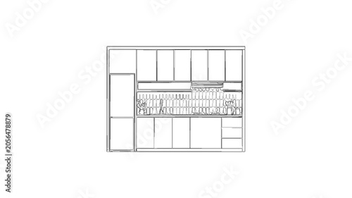 Kitchen interior blueprint drawing animation