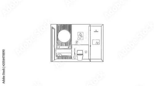 Modern bathroom interior line drawing animation