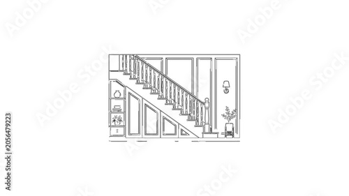 Architectural staircase interior line drawing sketch animation