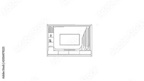 Computer workstation line drawing animation forming on white background