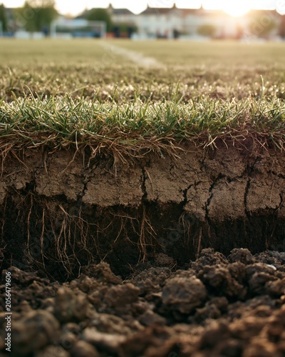 Detailed soil crosssection at the edge of a soccer pitch divot highlighting the disruption of root systems and rich earth beneath the turf.