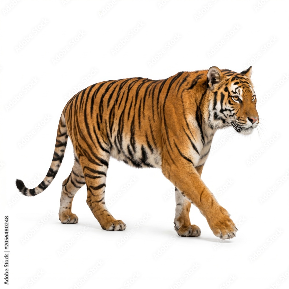 Obraz premium Wild Bengal Tiger Striding on White Background