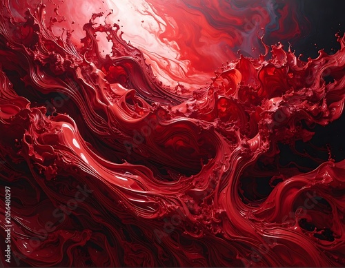 A vibrant abstract artwork featuring swirling red and black liquid