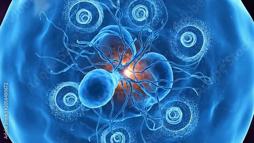 Abstract Cellular Development Concept with Vibrant Blue Cells and Cosmic Background Perfect for Scientific and Educational Visuals