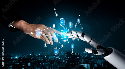 Foto A captivating image showcasing the connection between human and robot hands amid a vibrant city landscape, emphasizing the fusion of technology and humanity in the modern era