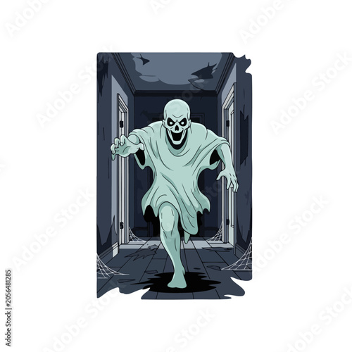 Fotografie A terrifying pale ghost floats down a dark and abandoned hallway
