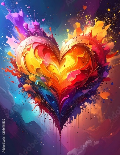 A vibrant heart-shaped abstract artwork with colorful splatters