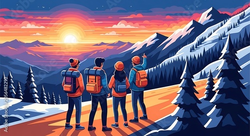 Four hikers on mountain trail sunset.