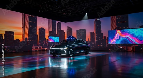 Luxury car in futuristic cityscape setting.