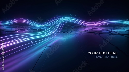 Futuristic digital landscape with flowing neon light waves and dark textured platform for copy space