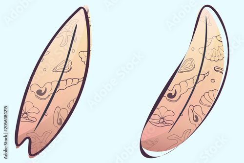 Two stylized surfboards adorned with intricate marine line art patterns of seashells and starfish over a peach gradient fill, isolated on a soft blue background.