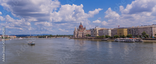 Panoramic view of the Danube river with the Hungarian Parliament in Budapest 