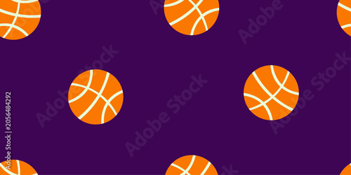 Bright sports-themed seamless pattern with basketballs on a vibrant purple background. Suitable for sports branding, apparel, textiles, wallpapers, packaging, kids products and digital designs.