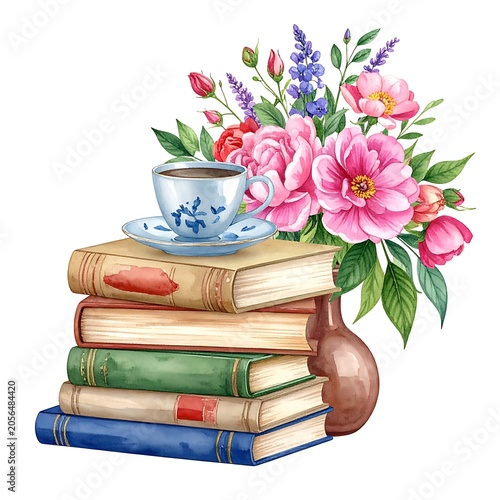 Books stacked with tea cup flowers.