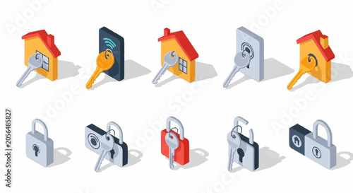 Fényképezés Collection of isometric icons representing security, access, and smart home technology, including keys, locks, and houses
