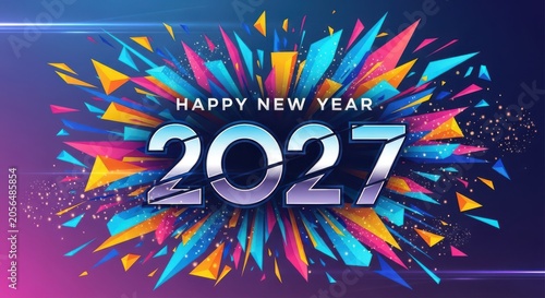 Happy New Year 2027 greeting card with colorful abstract explosion background