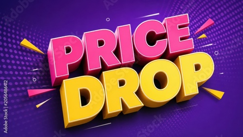Vibrant Pink and Yellow Price Drop Isometric Lettering Mockup Creates Bold Pop Art Advertising Banner Against Textured Ultraviolet Background for Retail Sales Promotions