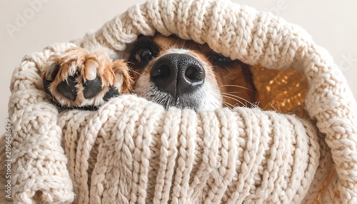Corgi dog snuggled in blanket.
