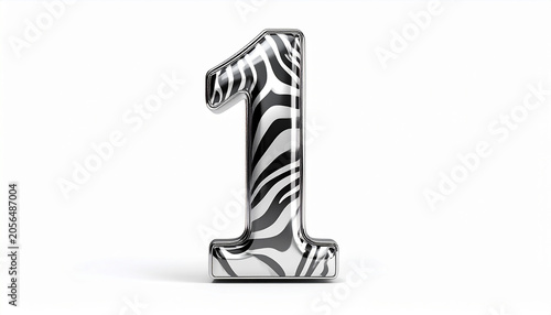 Shiny 3D Number One with Zebra Stripe Pattern and Silver Metallic Surface on White Background