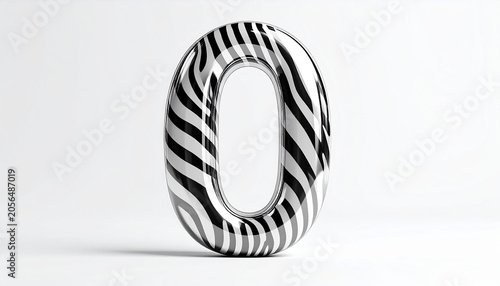 Shiny 3D Number Zero with Zebra Stripe Pattern and Silver Metallic Surface on White Background
