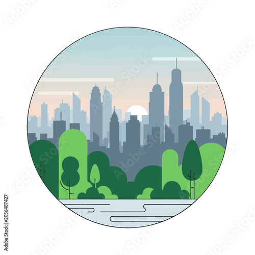 Schilderij op canvas A circular illustration of a modern city skyline with lush green trees at sunset