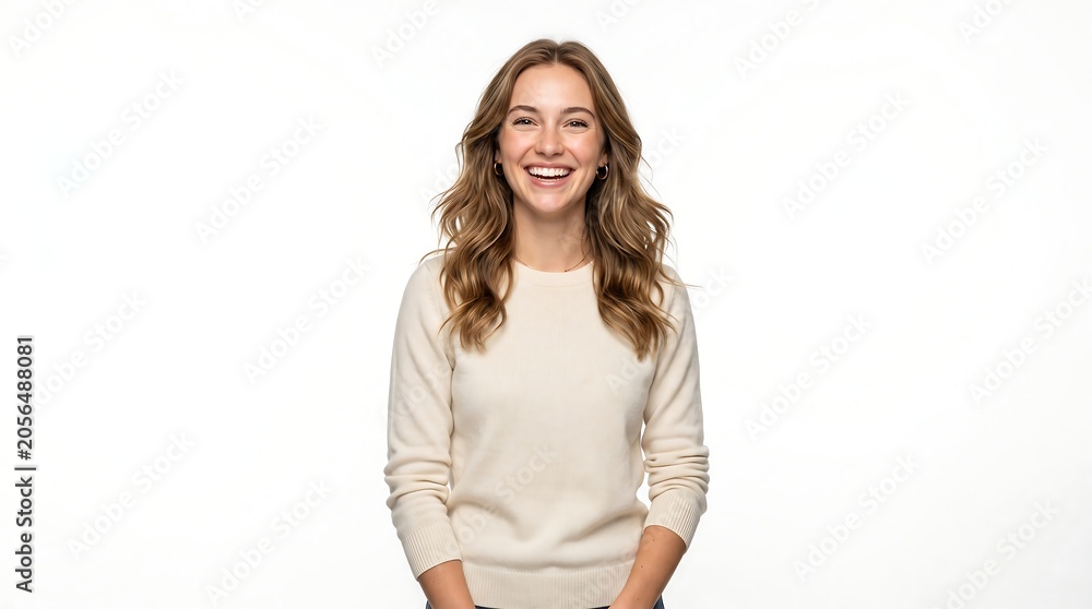 Fototapeta premium Woman Standing Behind White Surface with Light Sweater