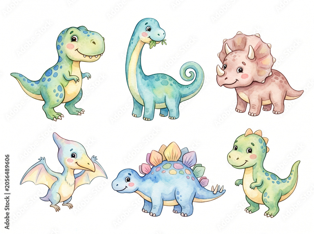 Naklejka premium Adorable watercolor baby dinosaurs collection for children's designs
