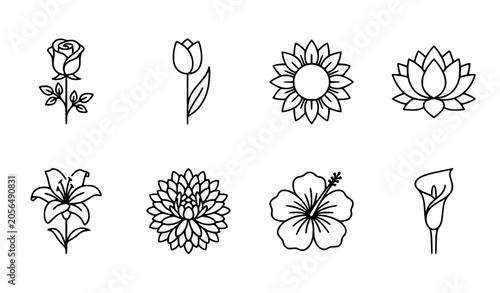 Bild auf Leinwand Flower and Botanical Line Icon Set with Rose Tulip Sunflower Lotus Lily and Hibi