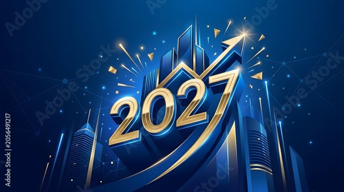 2027 new year celebration background with shining gold numbers and blue cityscape