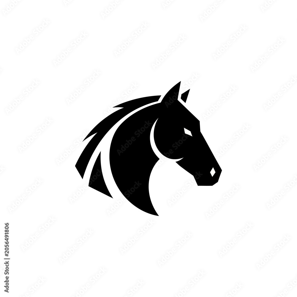 Fototapeta premium Black horse head silhouette, minimalist vector logo, powerful animal symbol, isolated on white background