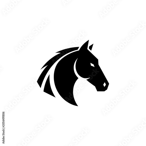 Black horse head silhouette, minimalist vector logo, powerful animal symbol, isolated on white background